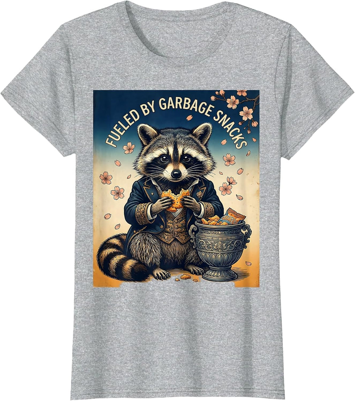 Fueled By Garbage Snacks Raccoon Design T-Shirt - Heather Grey