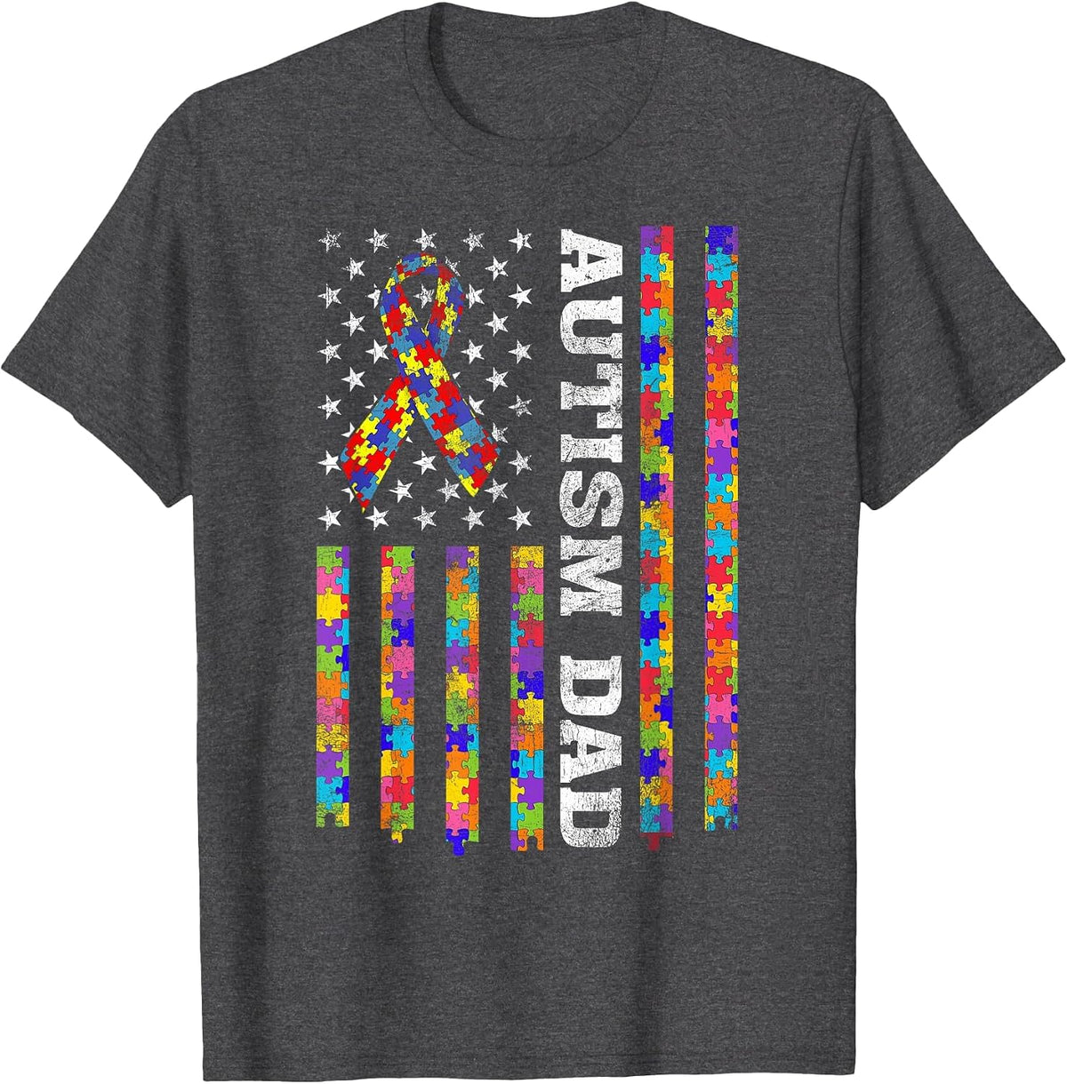 Proud Autism Dad Puzzle Piece Ribbon US American Flag T-Shirt - Dark Heather Grey
