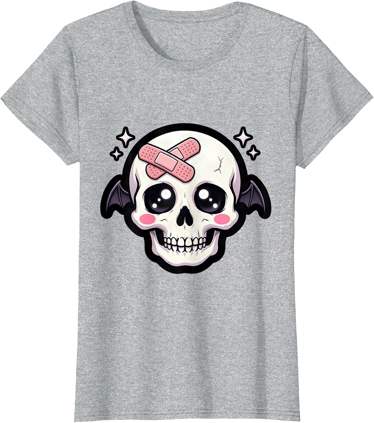 Smiling Skull with Band-Aid Graphic Tee T-Shirt - Heather Grey