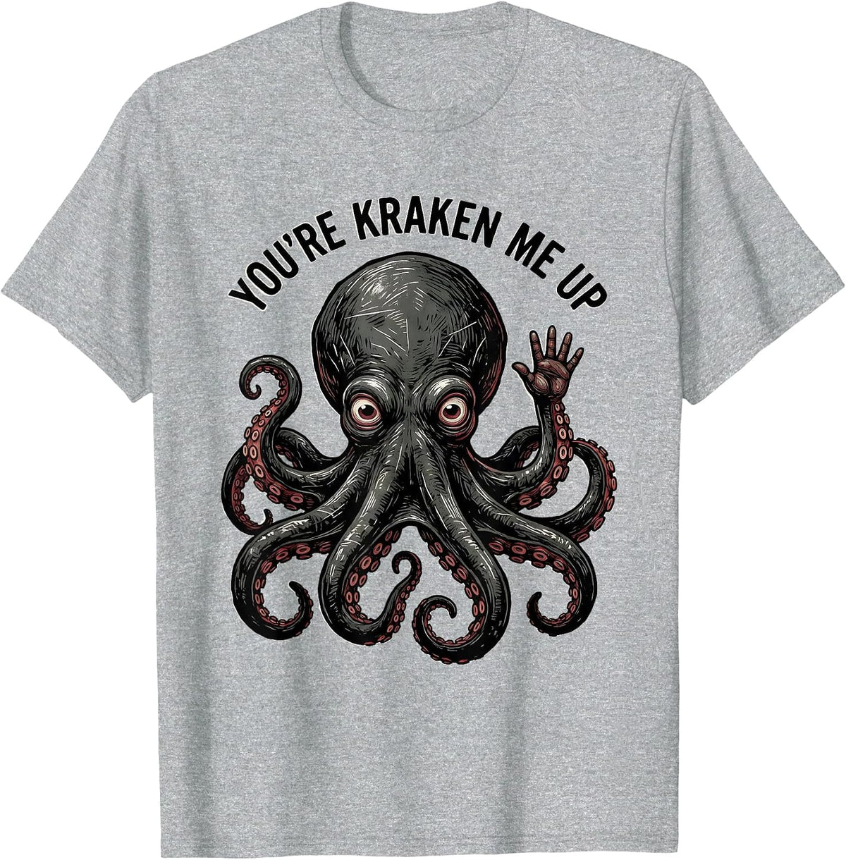 Men's You're Kraken Me Up Playful Linocut Octopus Lover Gift T-Shirt - Heather Grey