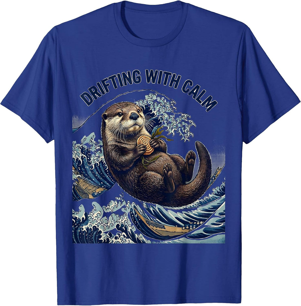 Drifting With Calm Ukiyo-e Sea Otter Lover Pun Humor T-Shirt - Royal Blue