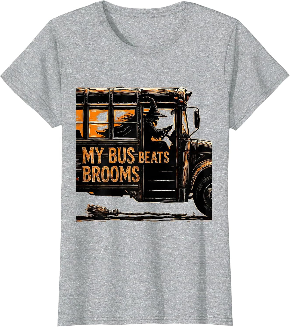 My Bus Beats Brooms Funny School Bus Driver Halloween Witch T-Shirt - Heather Grey
