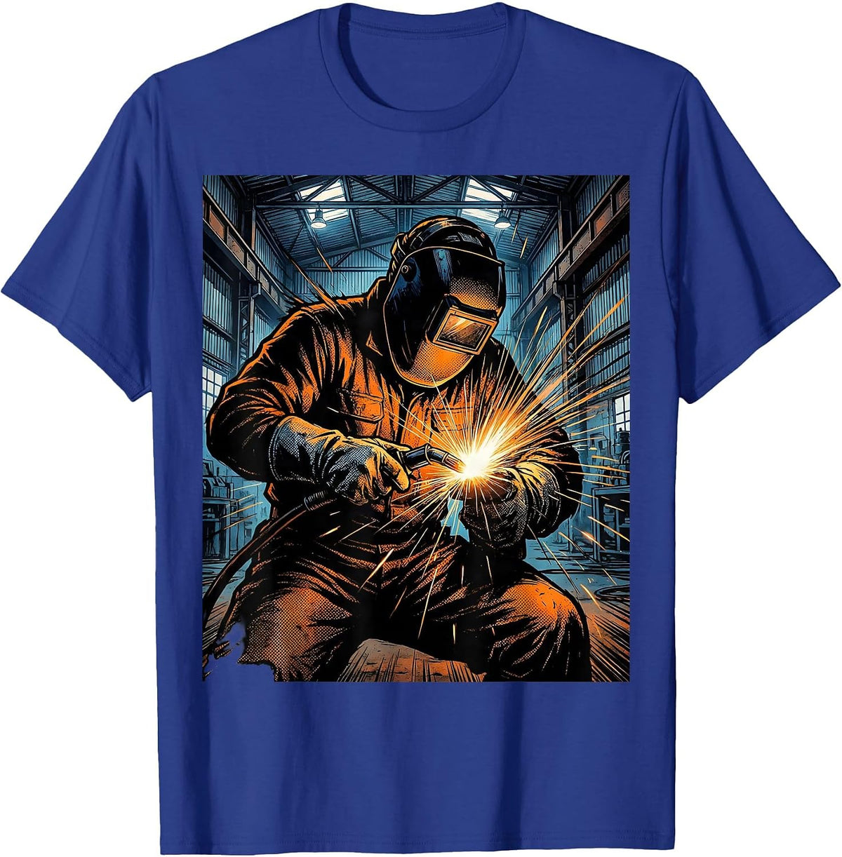 Welder Silhouette Industrial Warehouse Graphic T-Shirt - Royal Blue