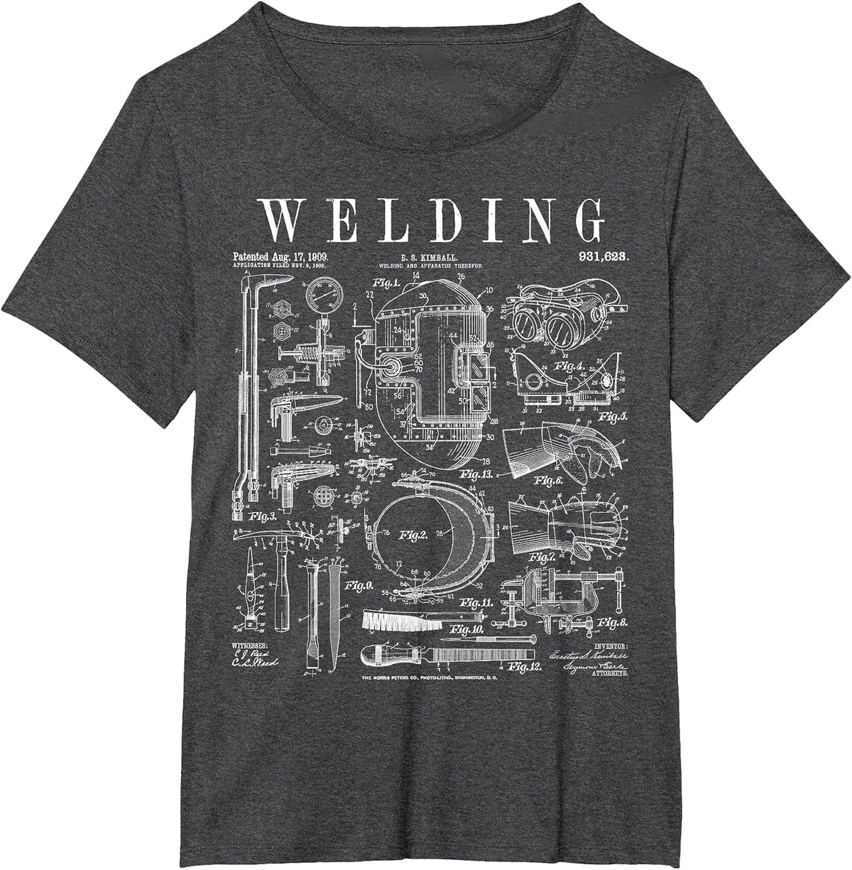 Vintage Patent Print Welder Mask Torch and Tools T-Shirt - Dark Heather Grey