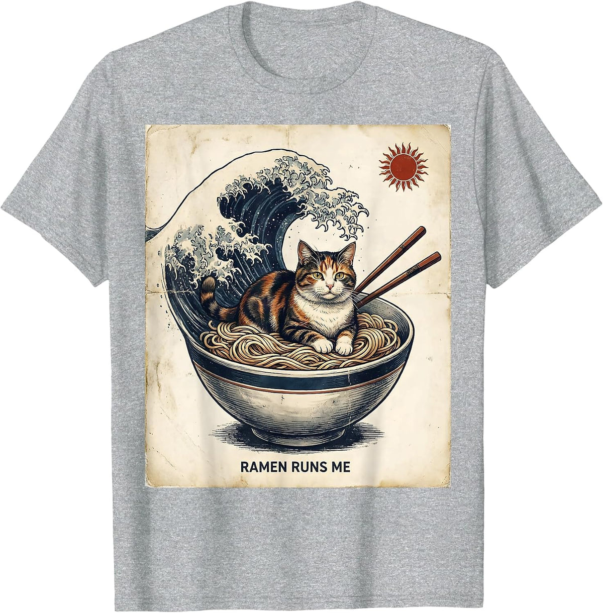 Men's Ramen Runs Me Vintage Anime Cat Novelty Humor T-Shirt - Heather Grey