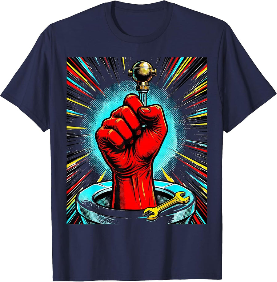 Oversized Comic Gloved Hand Plumber Humor T-Shirt - Navy Blue