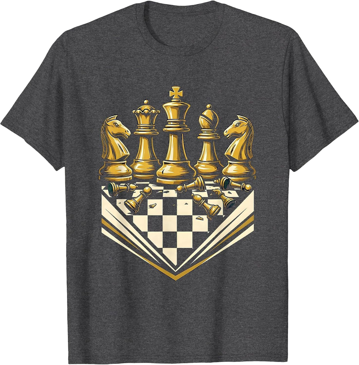 Chess Pieces Mid-Game Wooden Board Illustration T-Shirt - Dark Heather Grey