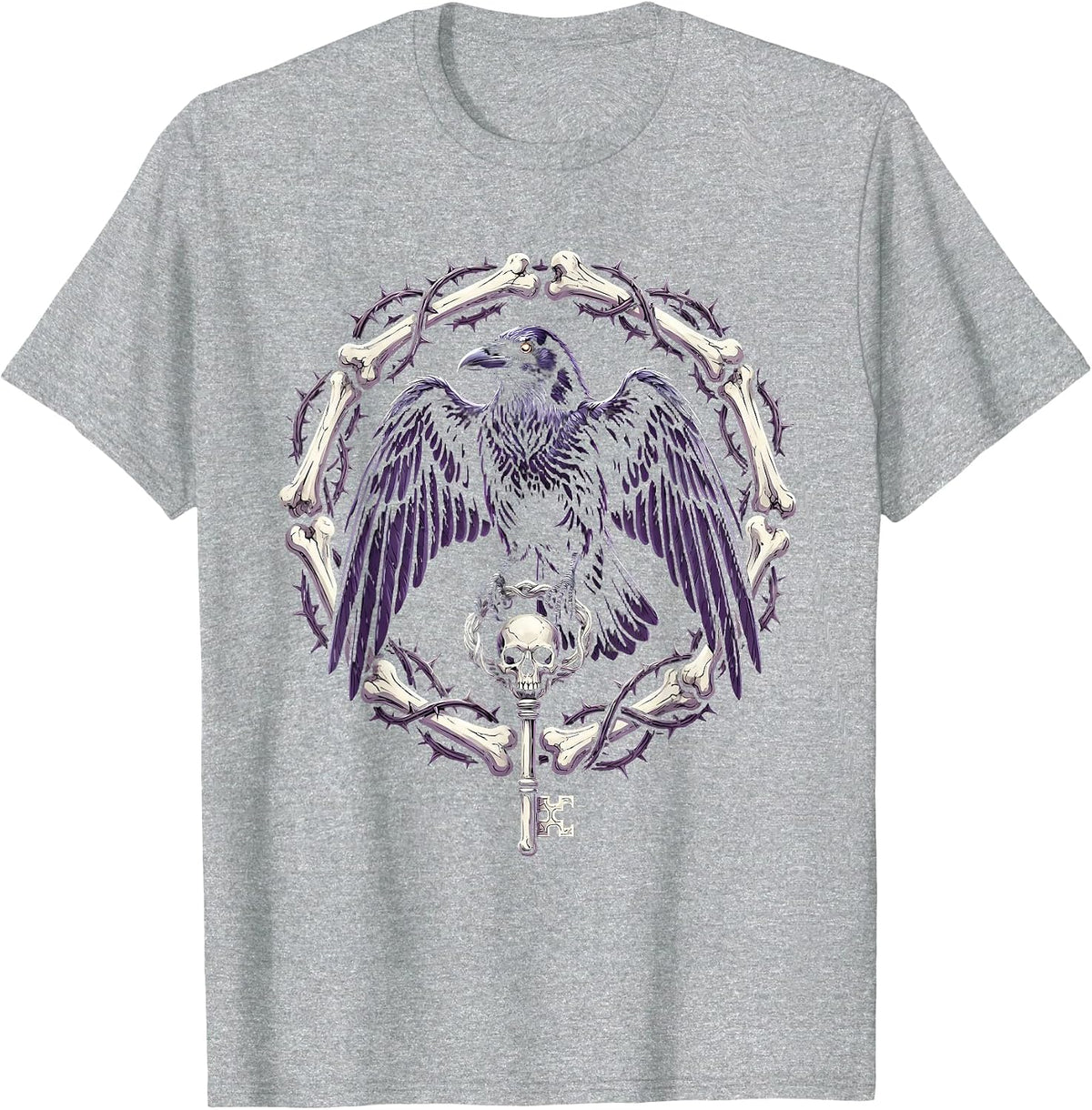 Men's Crow Holding Skeleton Key Gothic Illustration T-Shirt - Heather Grey