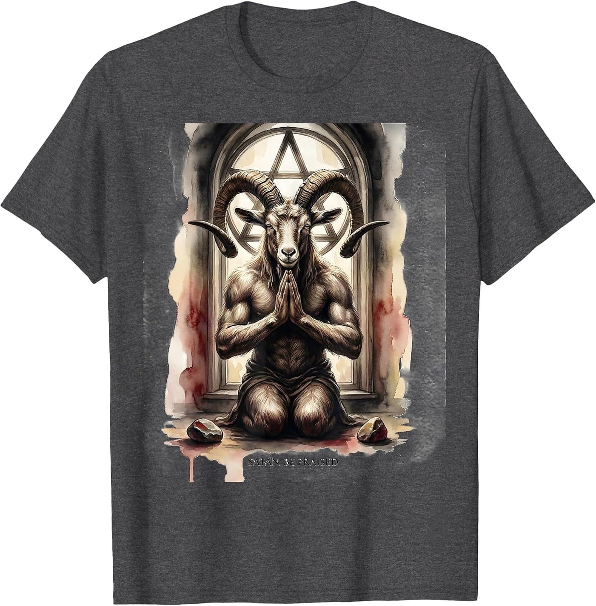 Satan Be Praised Watercolor Baphomet Occult Goth Symbol T-Shirt - Dark Heather Grey