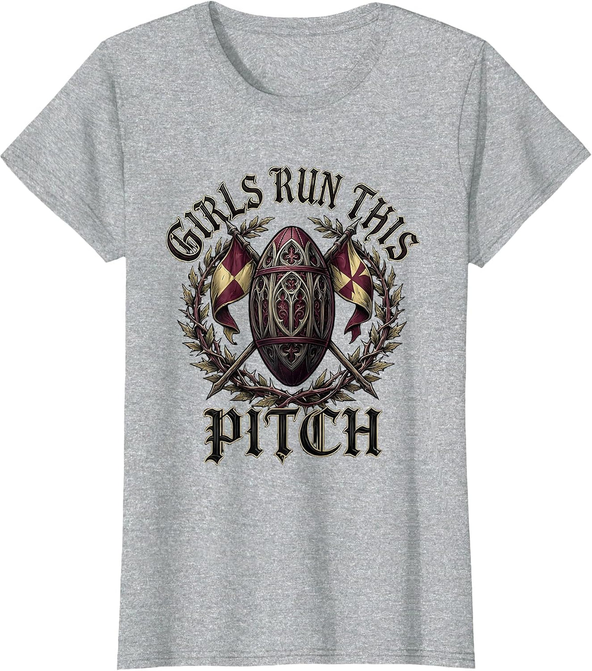 Girls Run This Pitch Rugby Design T-Shirt - Heather Grey