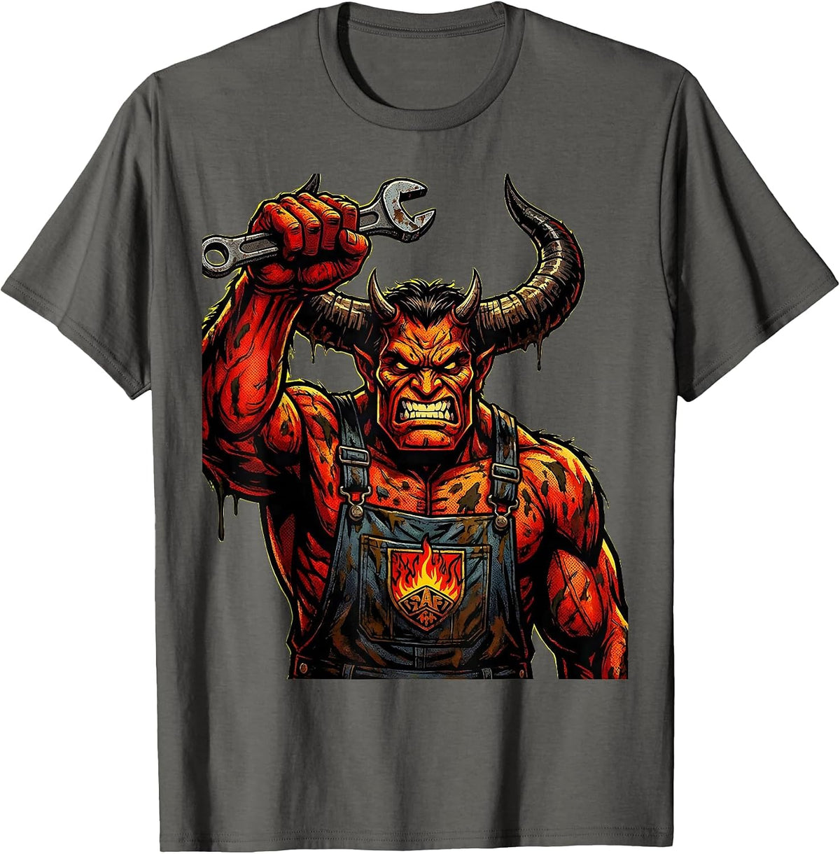 Horned Demon Mechanic Wrench Raised Graphic T-Shirt - Asphalt Grey