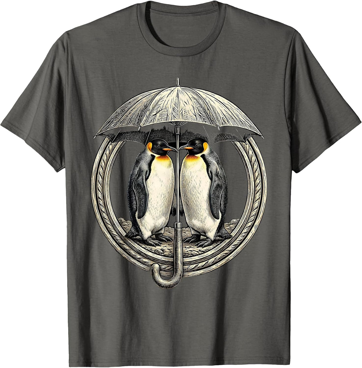 Two Penguins Sharing an Umbrella Cute Animal Art T-Shirt - Asphalt Grey