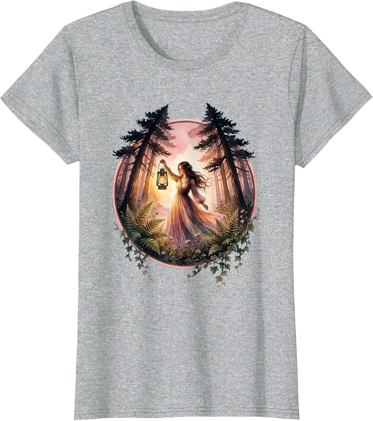 Be Kind Girl With Lantern in Deep Forest T-Shirt - Heather Grey