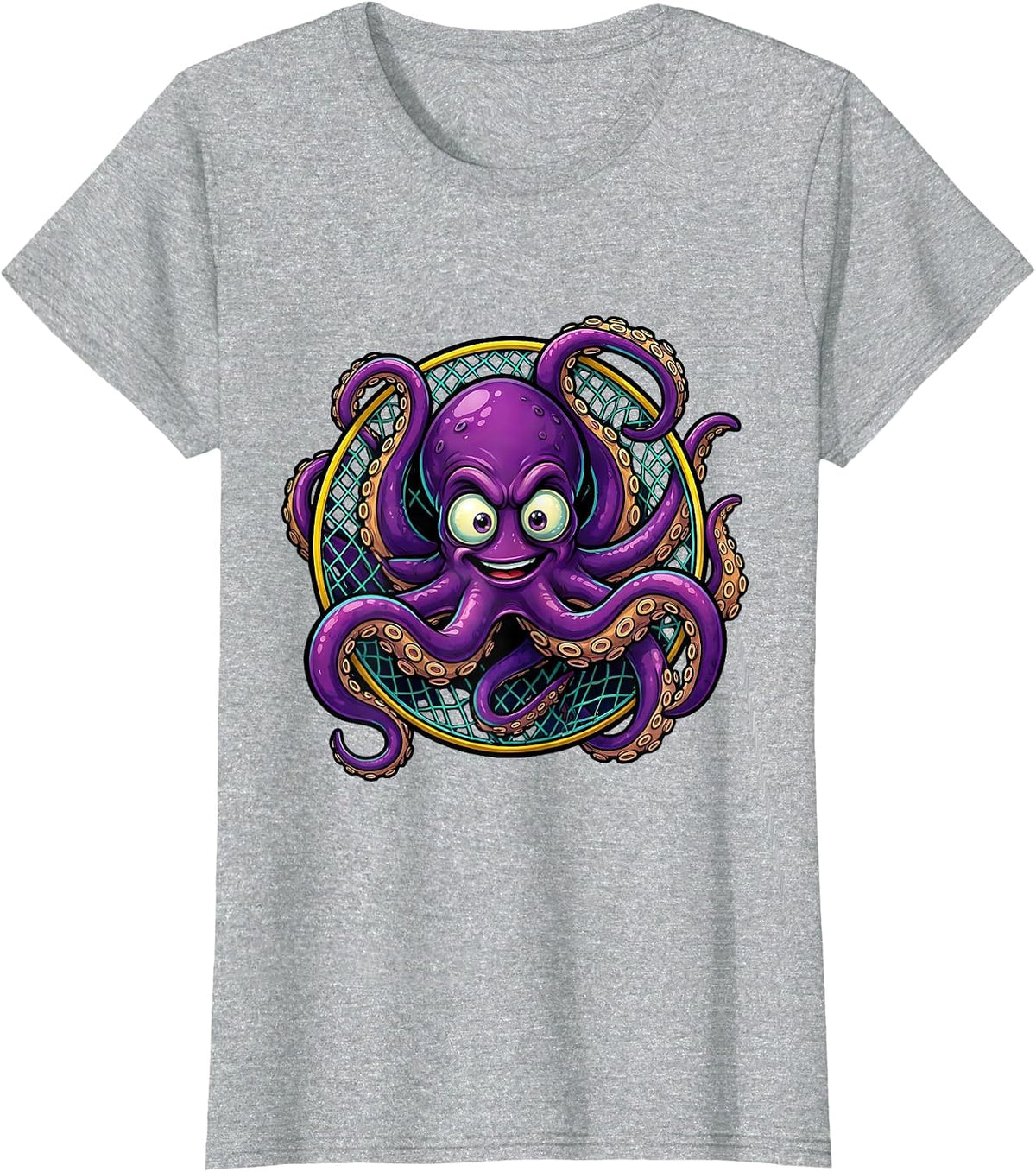 Women's Deep Sea Octopus Soccer Goal Net Illustration T-Shirt - Heather Grey
