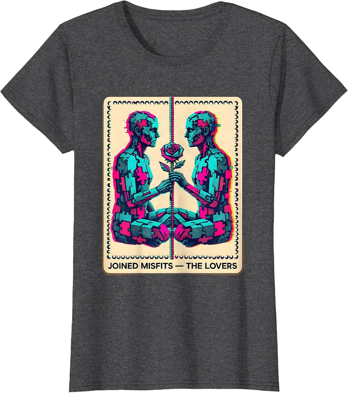 Women's Joined Misfits The Lovers Risograph Spooky Romance Halloween T-Shirt - Dark Heather Grey