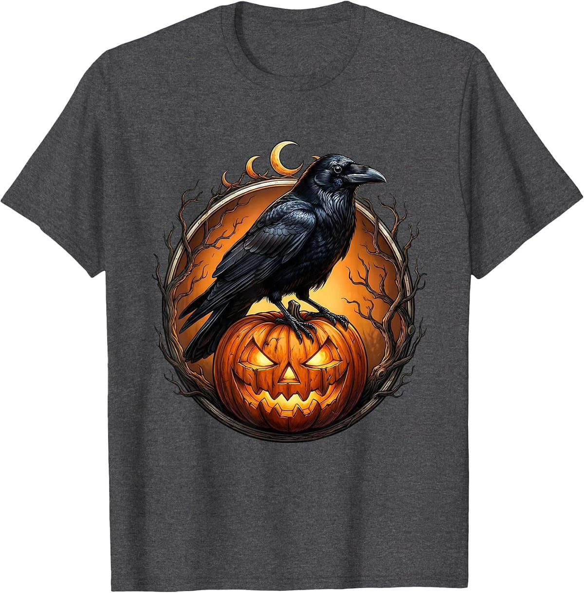 Crow on Jack-O-Lantern Halloween Night Design T-Shirt - Dark Heather Grey