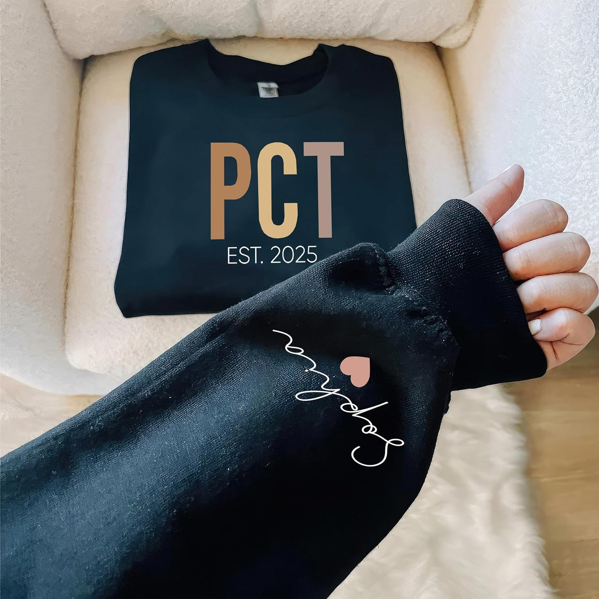 Personalized PCT Sweatshirt with Name on Sleeve, Custom PCT Crewneck Gift - size chart