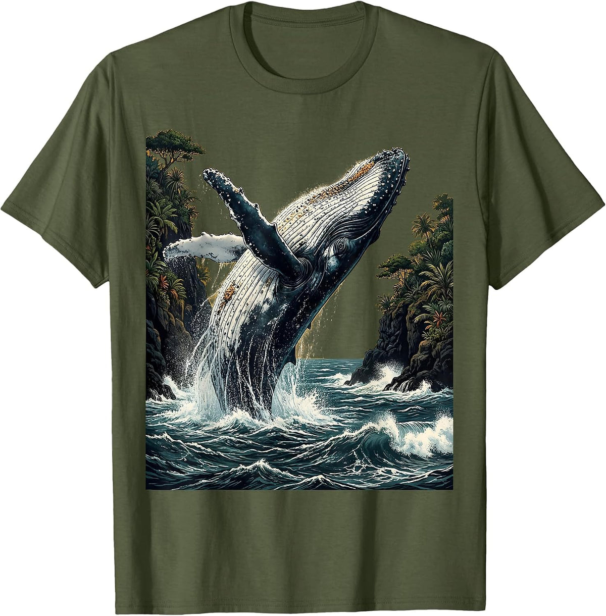 Aloha Whale Breaching Volcanic Island Cliffs T-Shirt - Olive Green