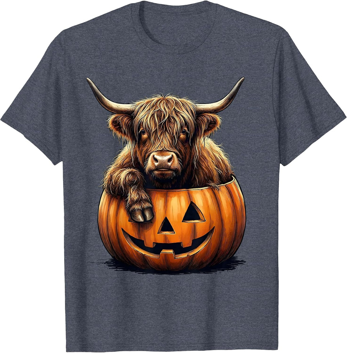Shaggy Highland Cow Pumpkin Bucket Halloween Humor T-Shirt - Heather Blue