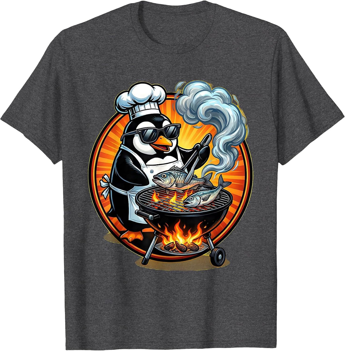 Men's Penguin Grilling Fish Summer BBQ Funny Design T-Shirt - Dark Heather Grey