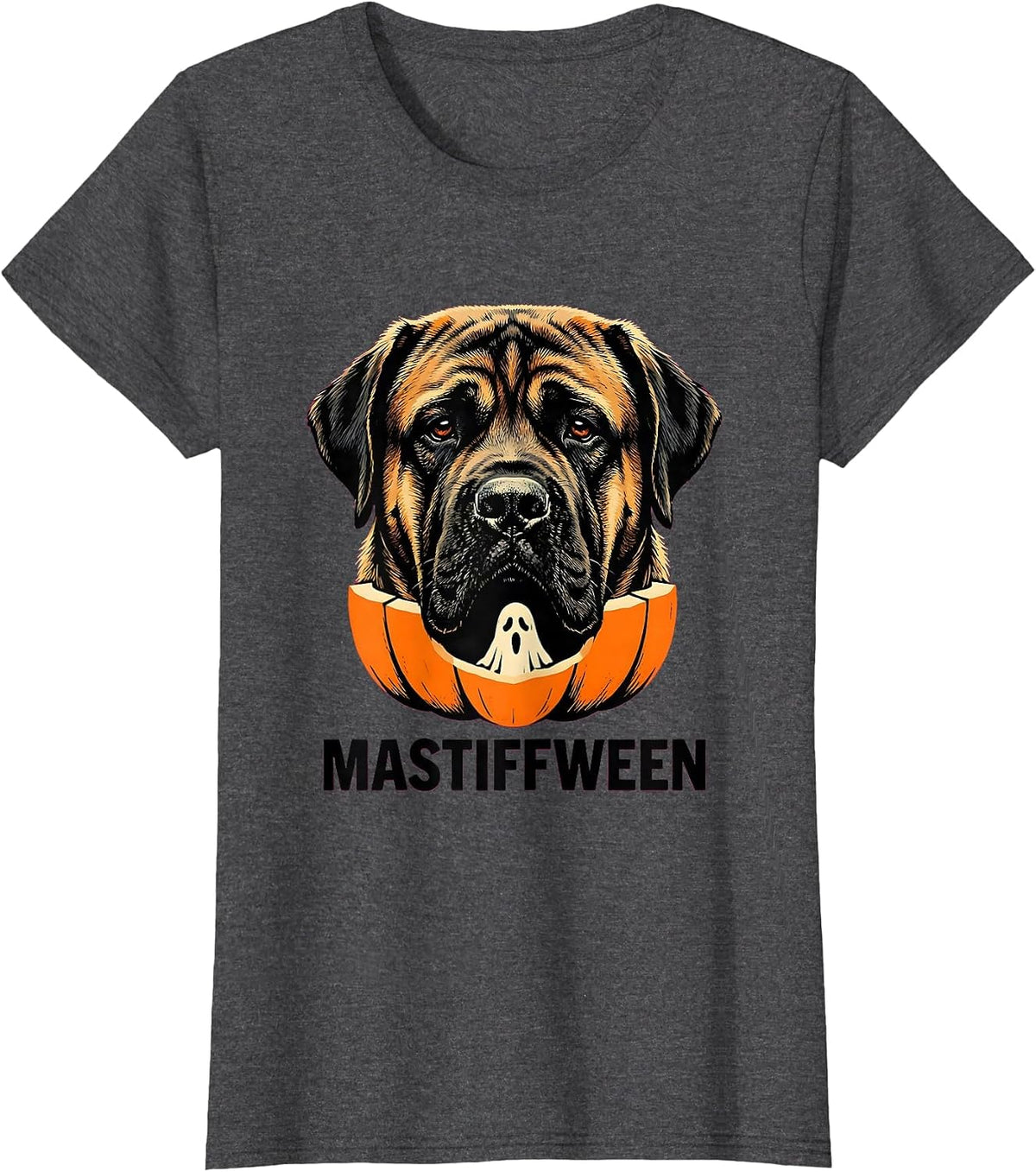 Women's Mastiffween Stencil Graphic Mastiff Dog Halloween Humor T-Shirt - Dark Heather Grey