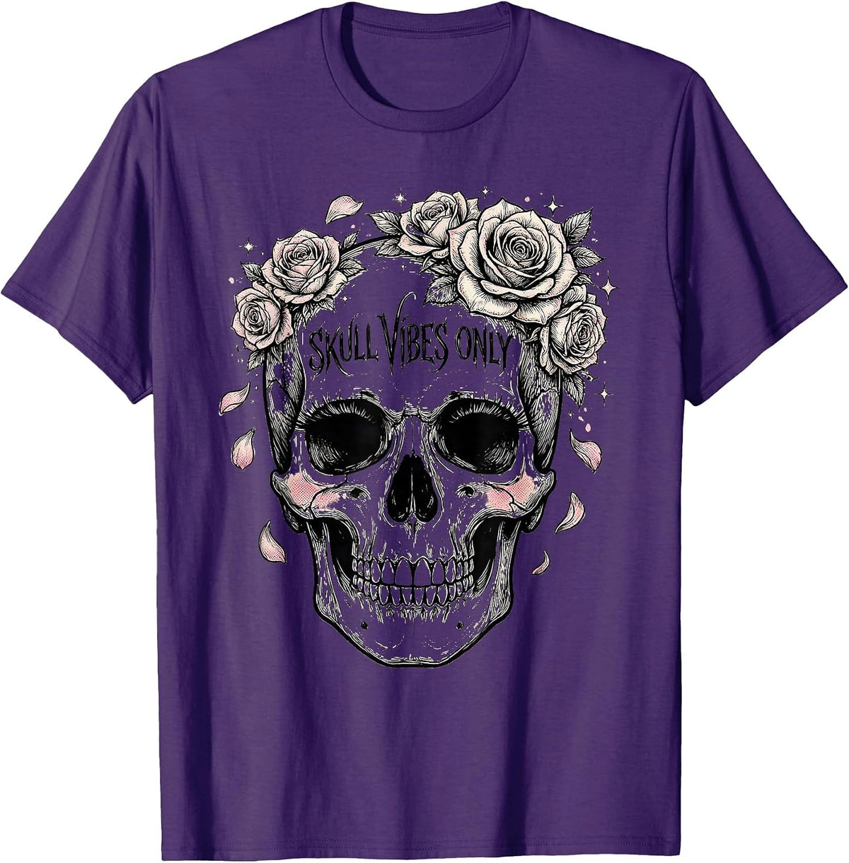 Skull Vibes Only Bold Graphic Design T-Shirt - Purple