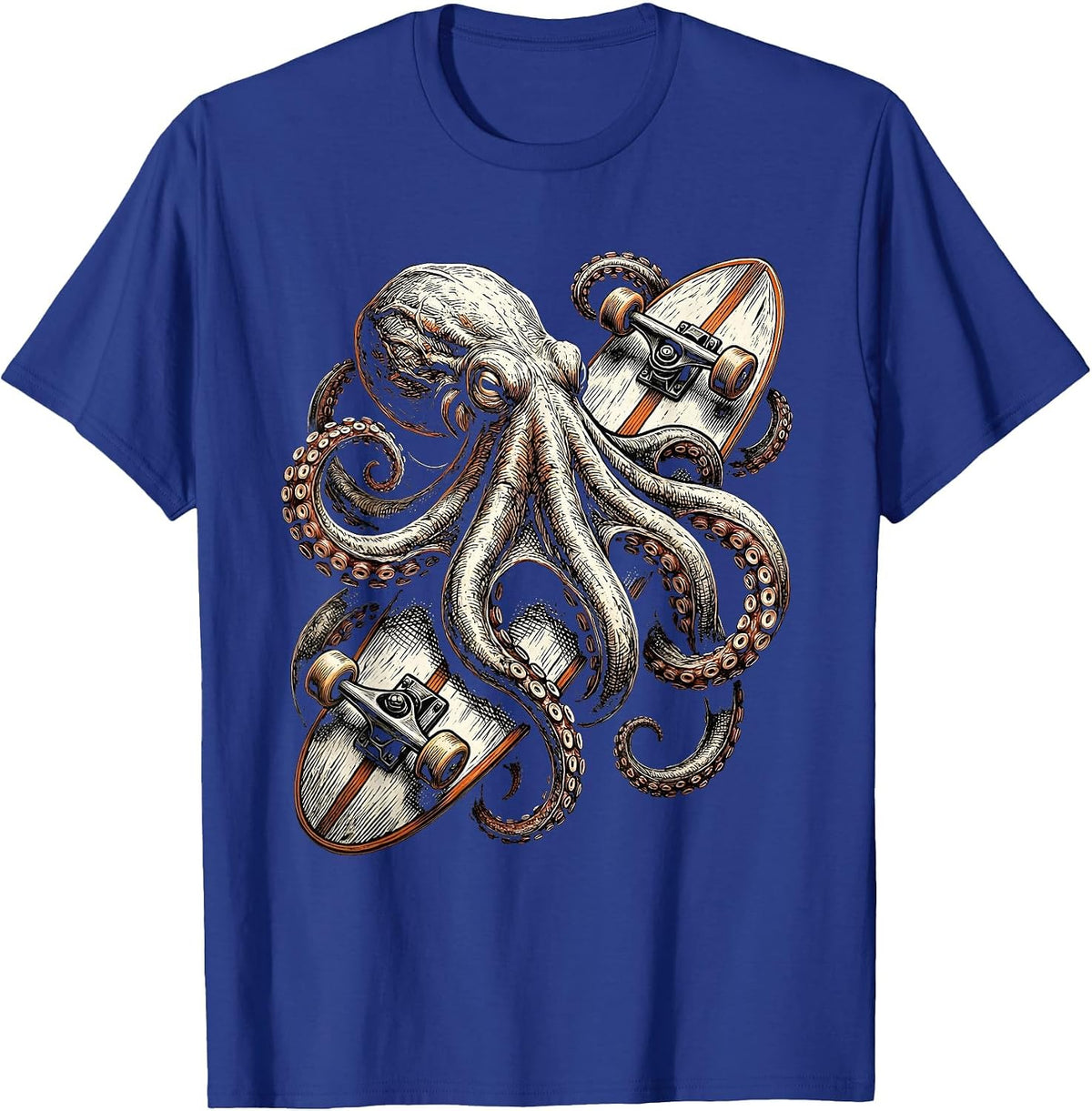 Men's Octopus Surfboard Surf Art Graphic Tee T-Shirt - Royal Blue