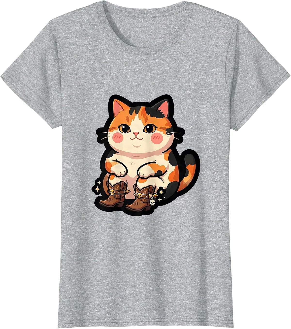 Women's Meowboys Calico Cat Cowboy Boots Spurs Porch T-Shirt - Heather Grey