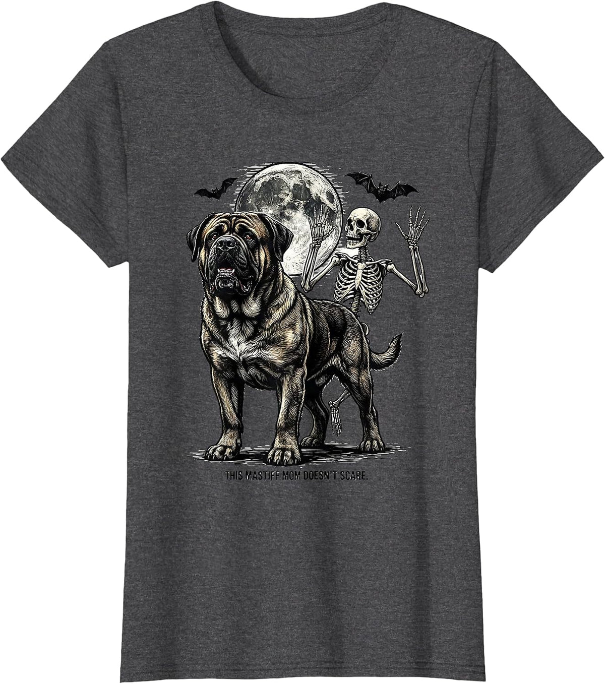 Women's This Mastiff Mom Doesn't Scare Funny Skeleton Chasing Dog T-Shirt - Dark Heather Grey