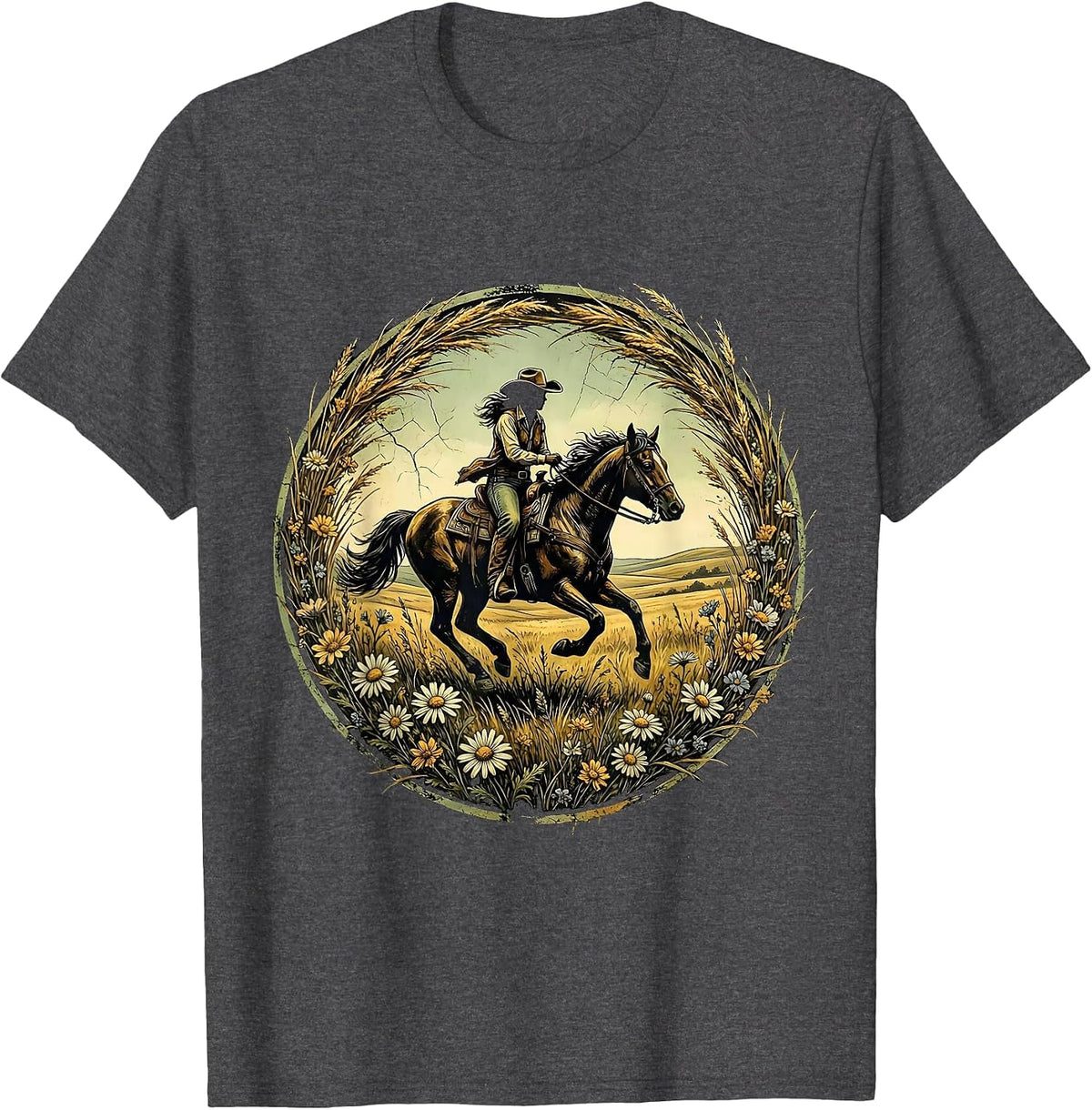 Cowgirl Galloping Horse Through Open Meadow T-Shirt - Dark Heather Grey