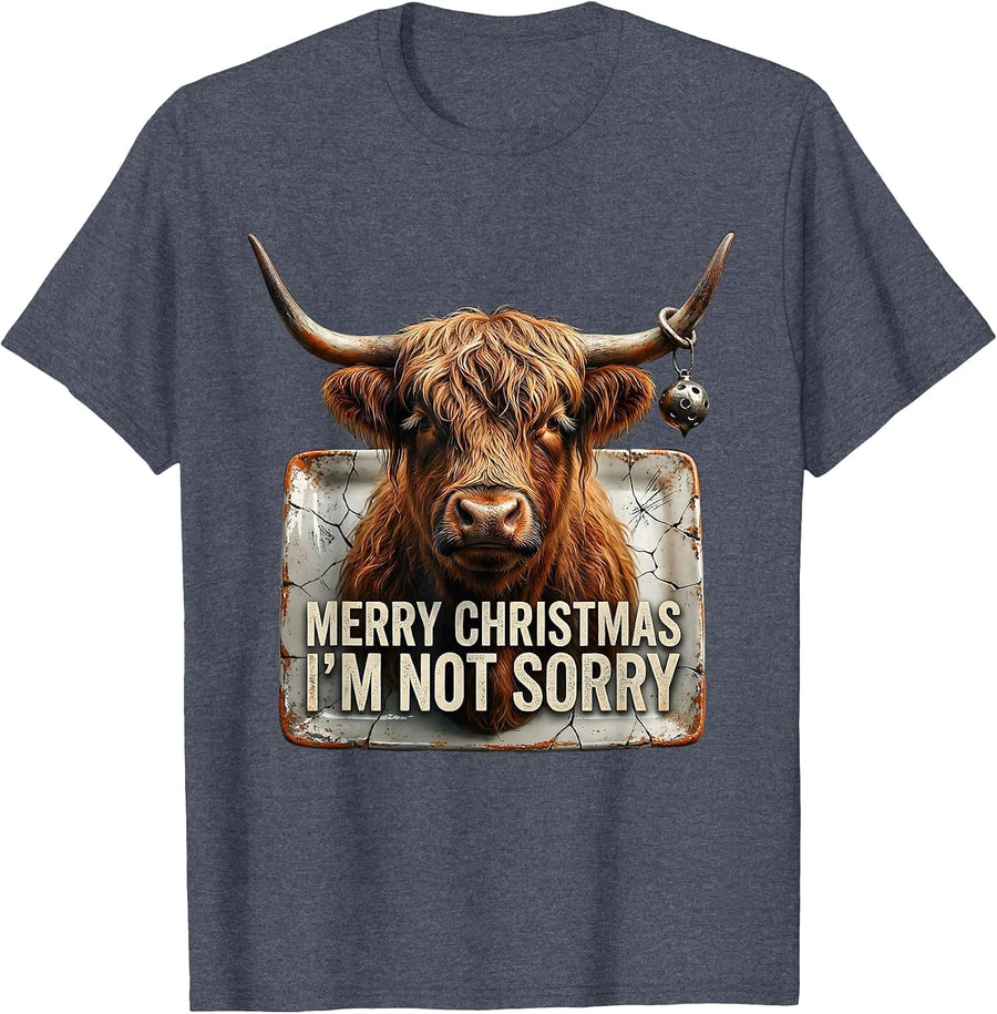 Merry Christmas I'm Not Sorry Distressed Highland Cow Farm T-Shirt - Heather Blue