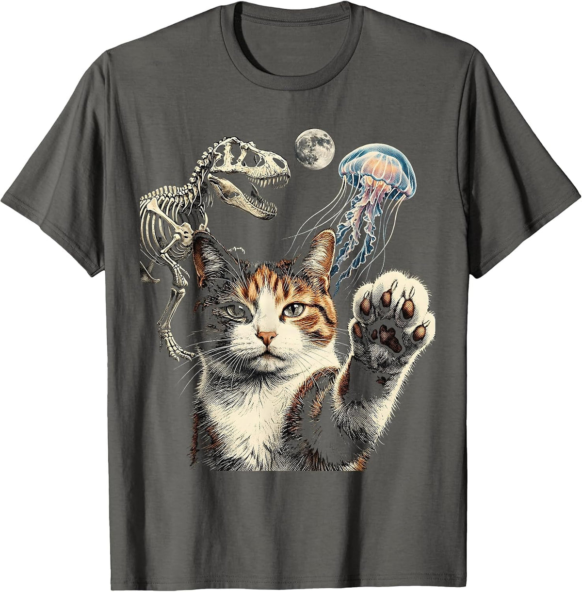 Cat Selfie T-Rex Skeleton Jellyfish Cryptid Funny Cat Lover T-Shirt - Asphalt Grey
