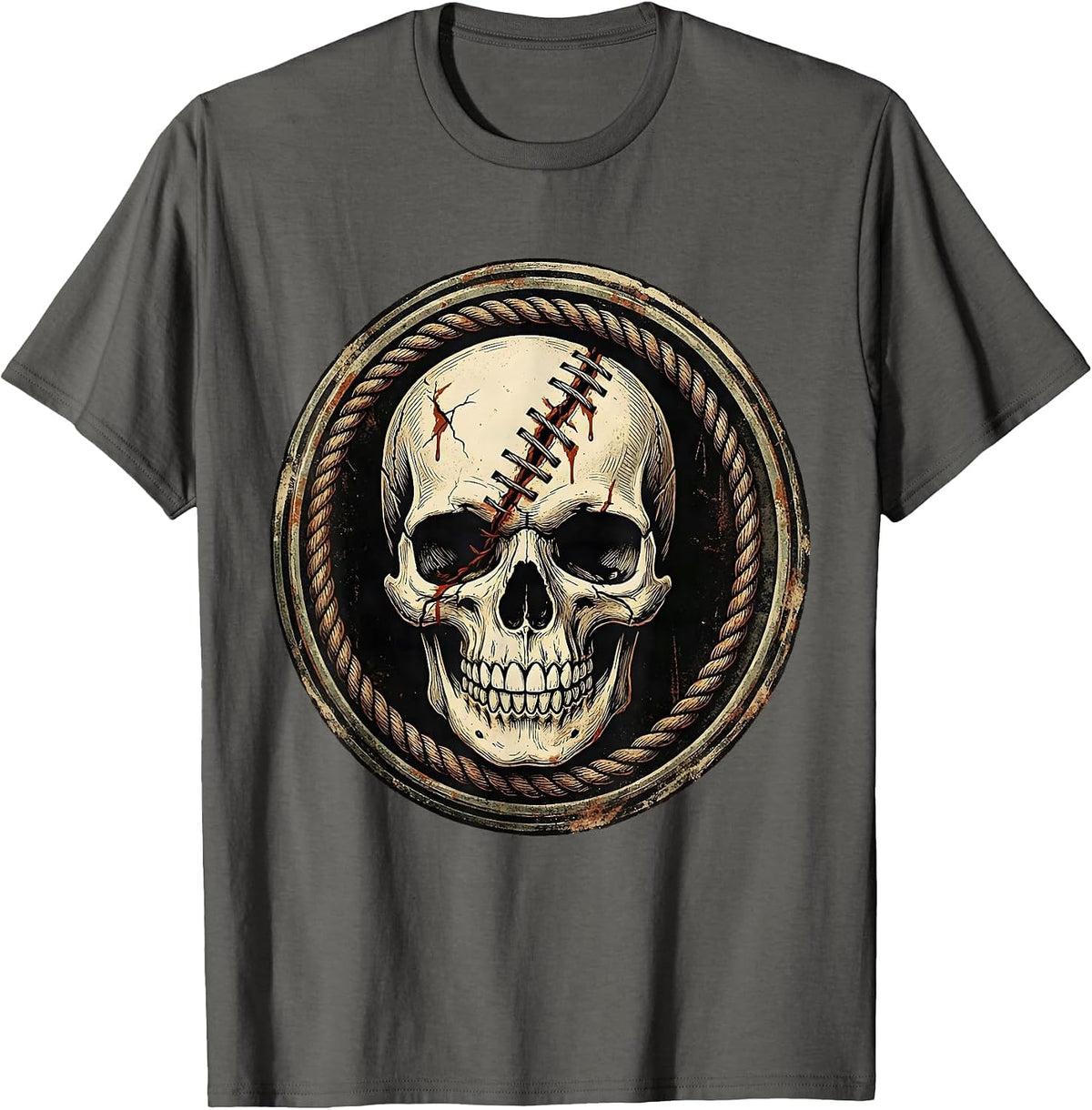 Smiling Skull Stitched Crack Bloody Horror Graphic T-Shirt - Asphalt Grey