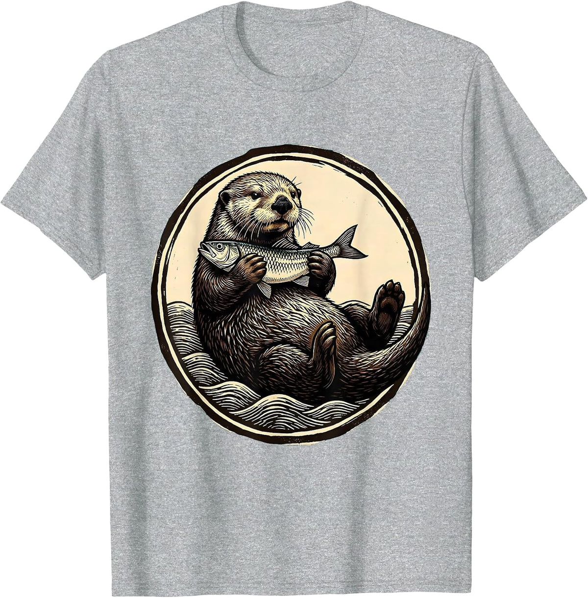 Men's Otter Floating on Back Holding Fish Illustration T-Shirt - Heather Grey