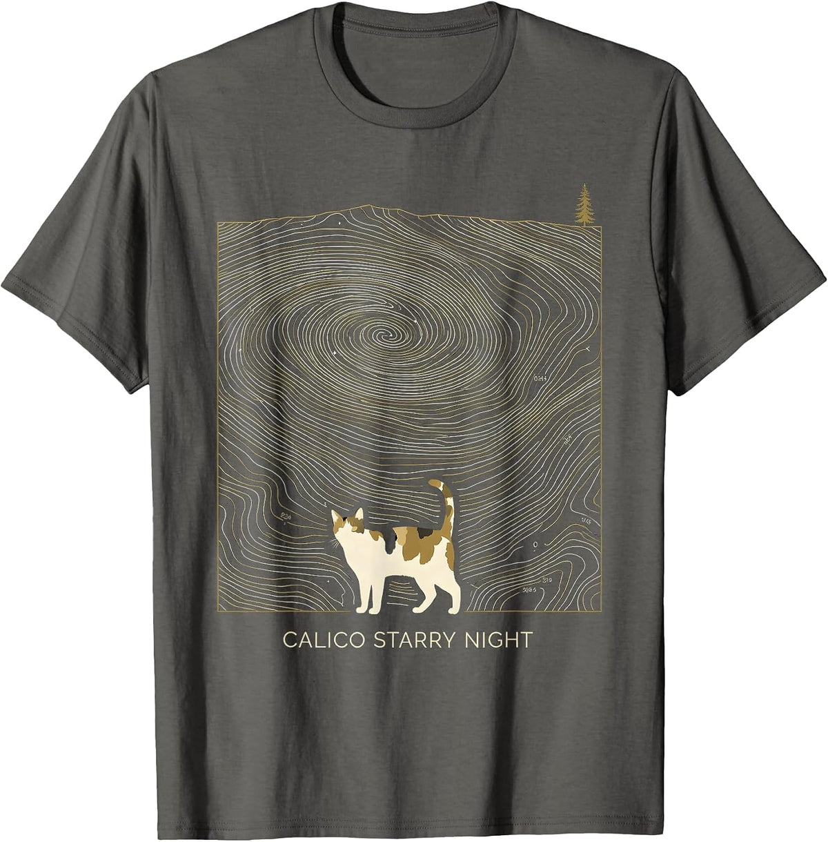 Men's Calico Starry Night Whimsical Van Gogh Cat Lover Art T-Shirt - Asphalt Grey