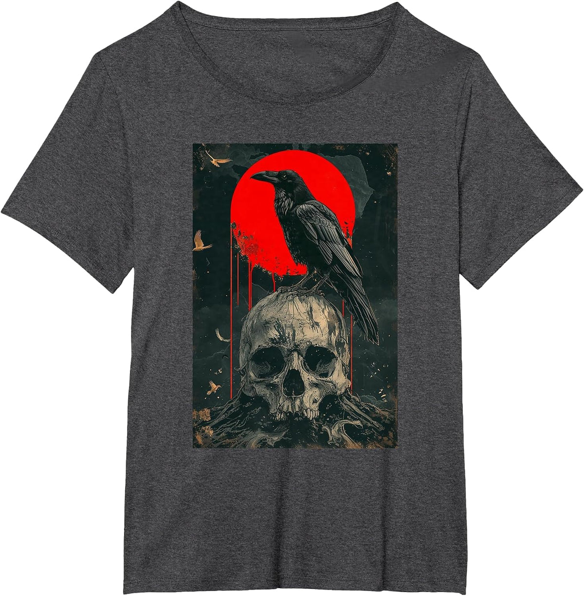 Red Moon Black Gothic Raven Graphic Skull Black Crow T-Shirt - Dark Heather Grey