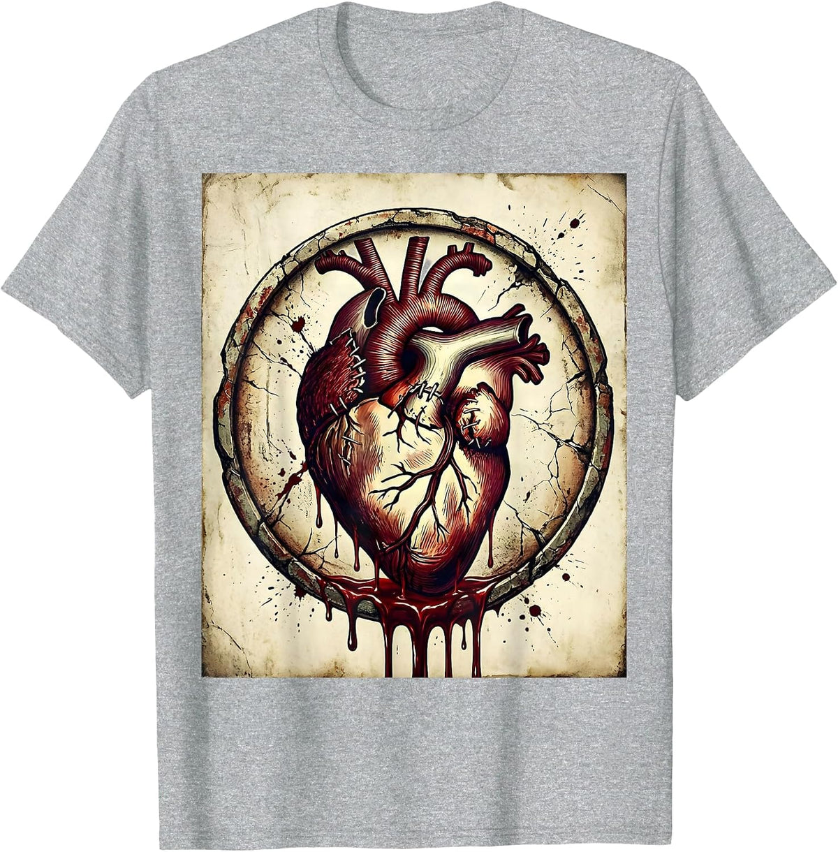 Men's Dripping Heart Torn Stitches Bloody Gothic Design T-Shirt - Heather Grey