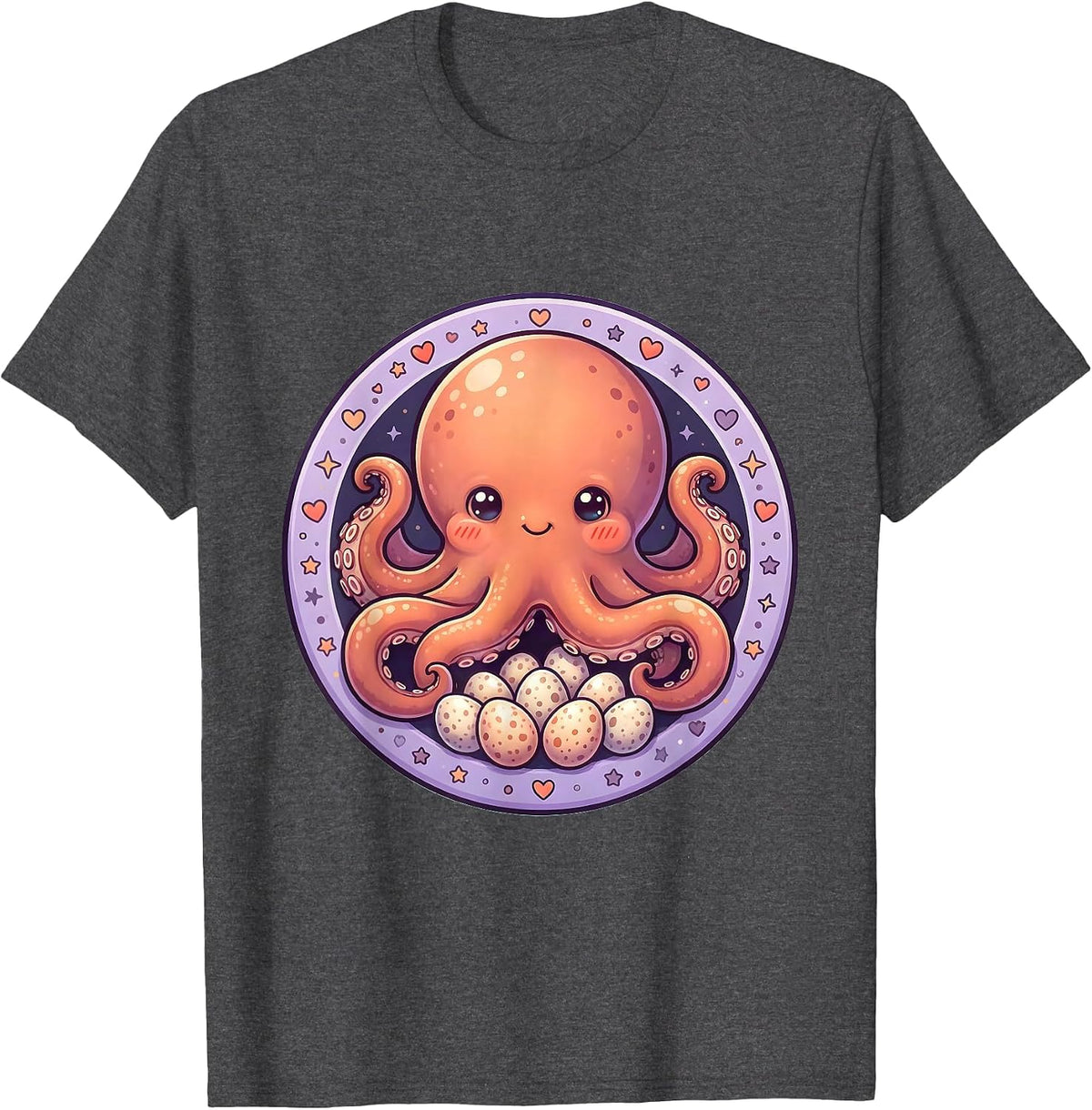 Mother Octopus Guarding Eggs Illustration T-Shirt - Dark Heather Grey