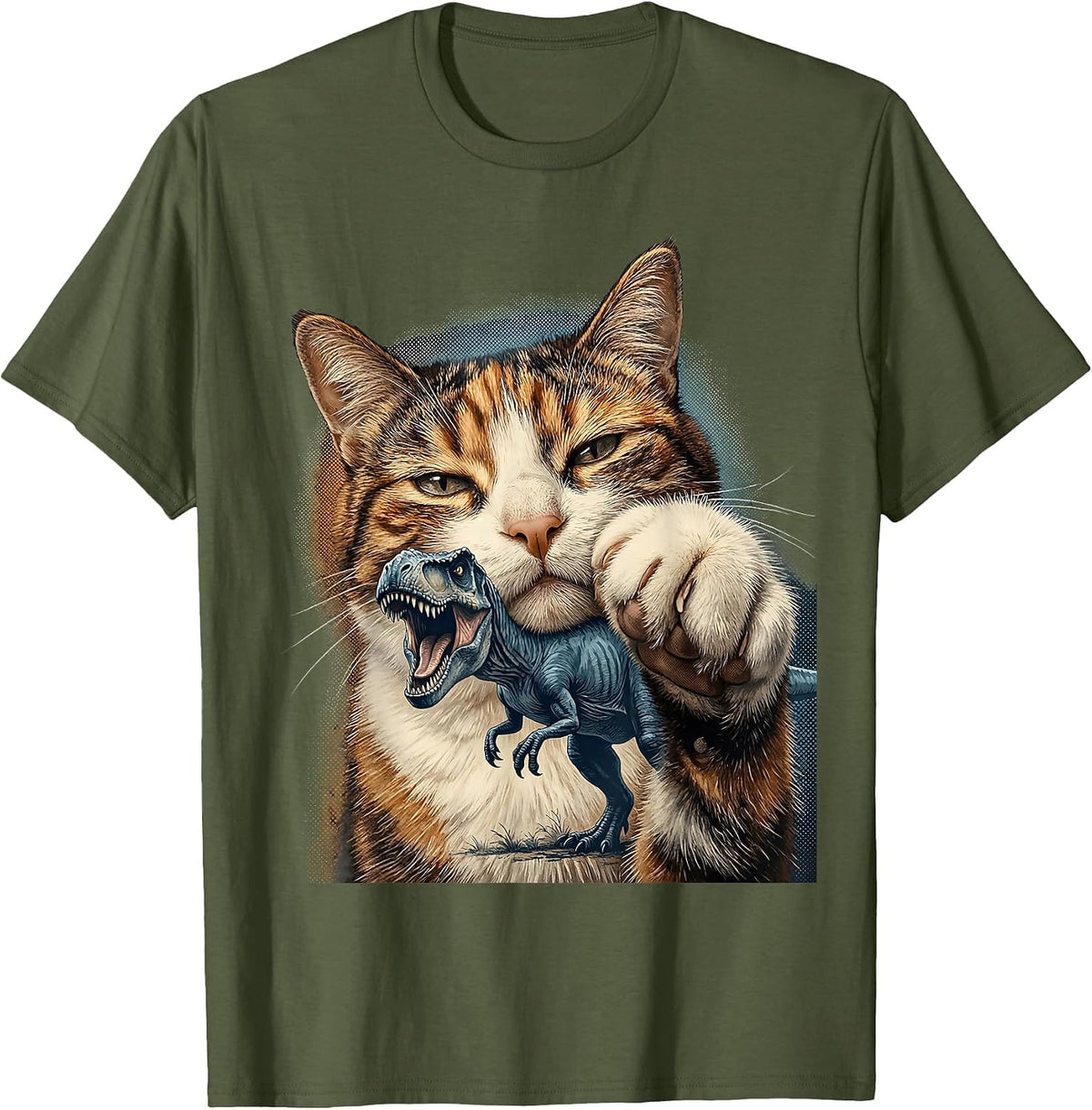 Men's Cat Selfie With T-Rex Dinosaur Funny Meme Cat Lover T-Shirt - Olive Green