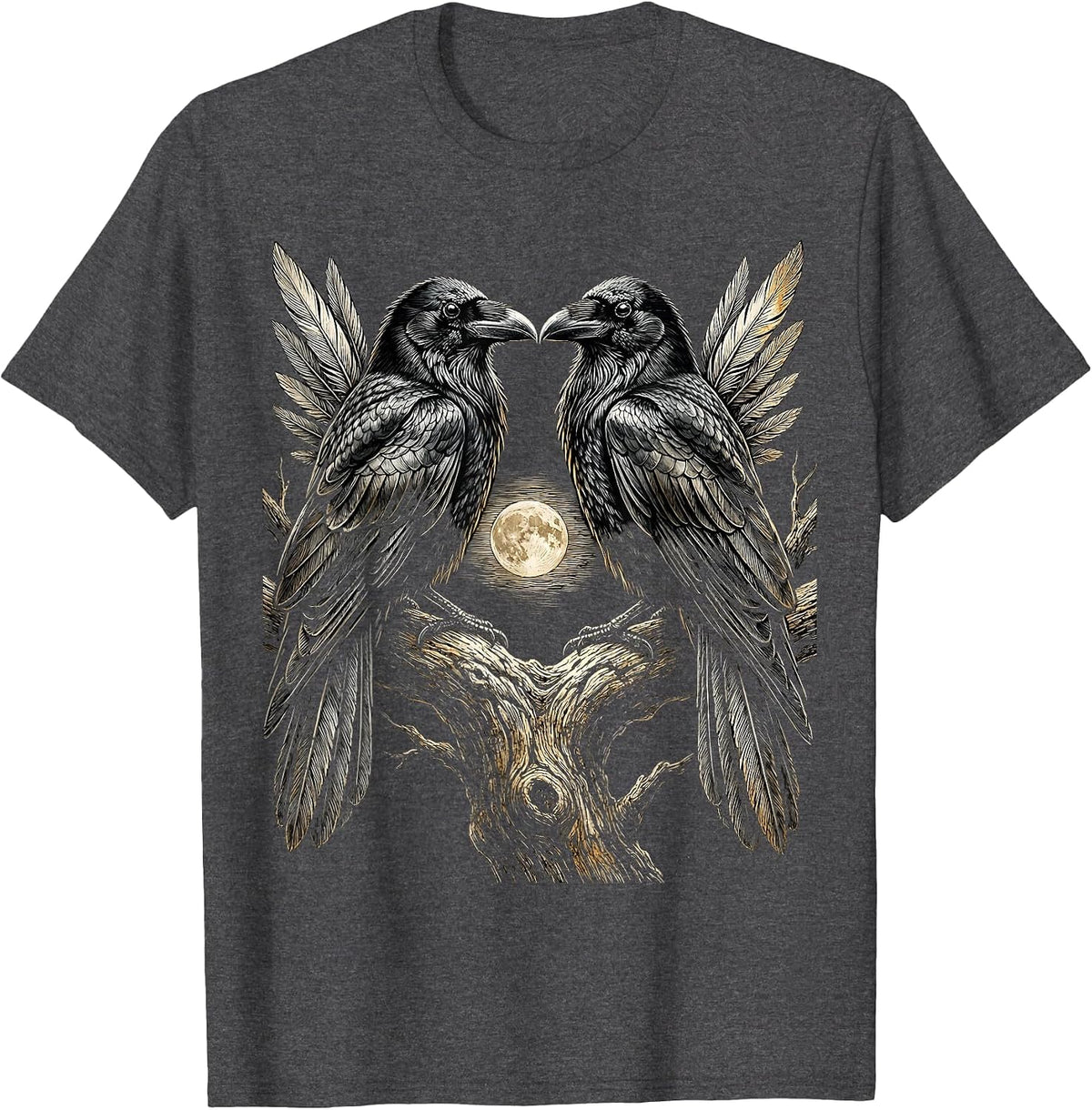 Two Crows on a Branch Facing Each Other T-Shirt - Dark Heather Grey