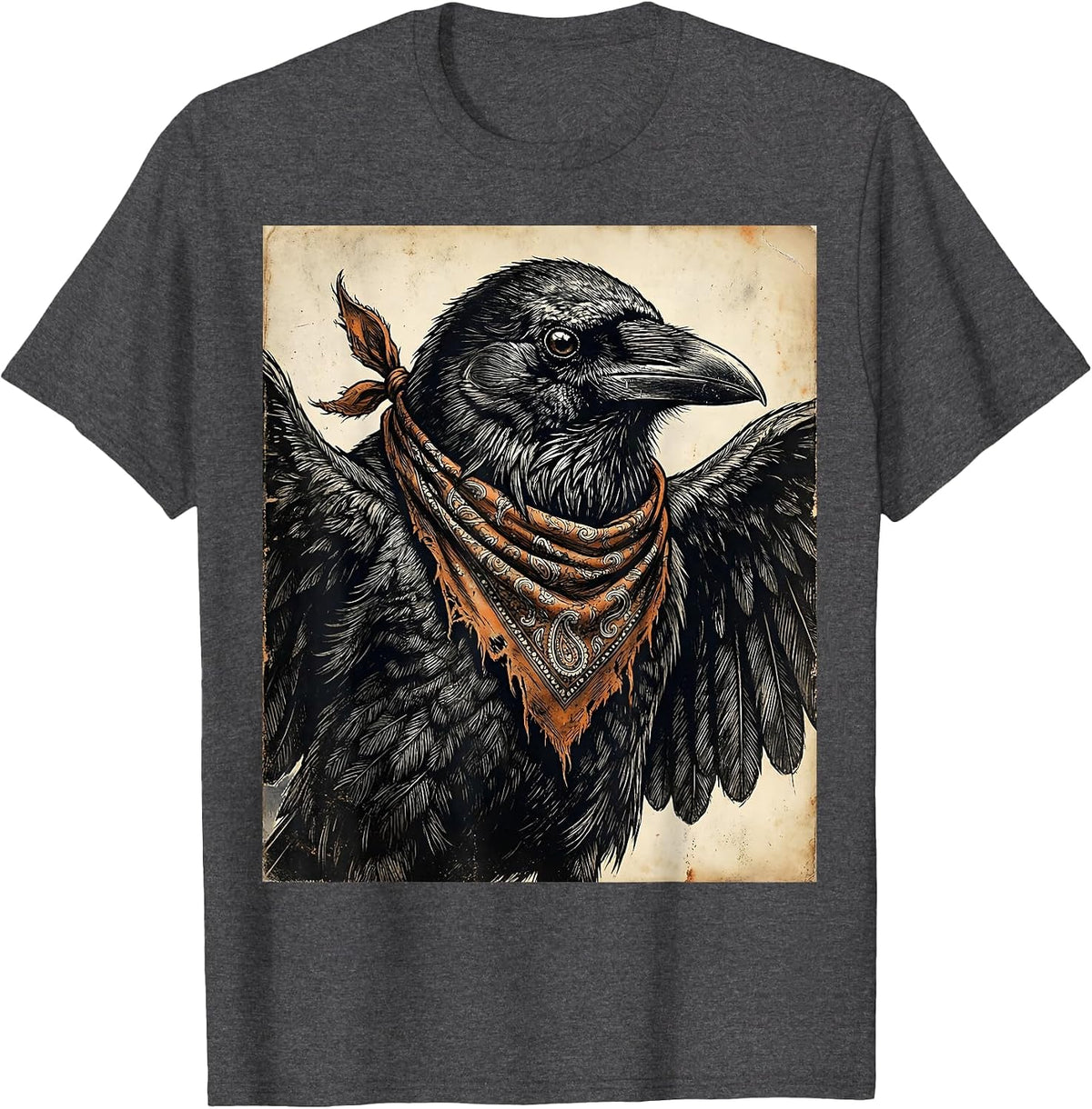Men's Crow With Bandana Mask Outlaw Bird Illustration T-Shirt - Dark Heather Grey