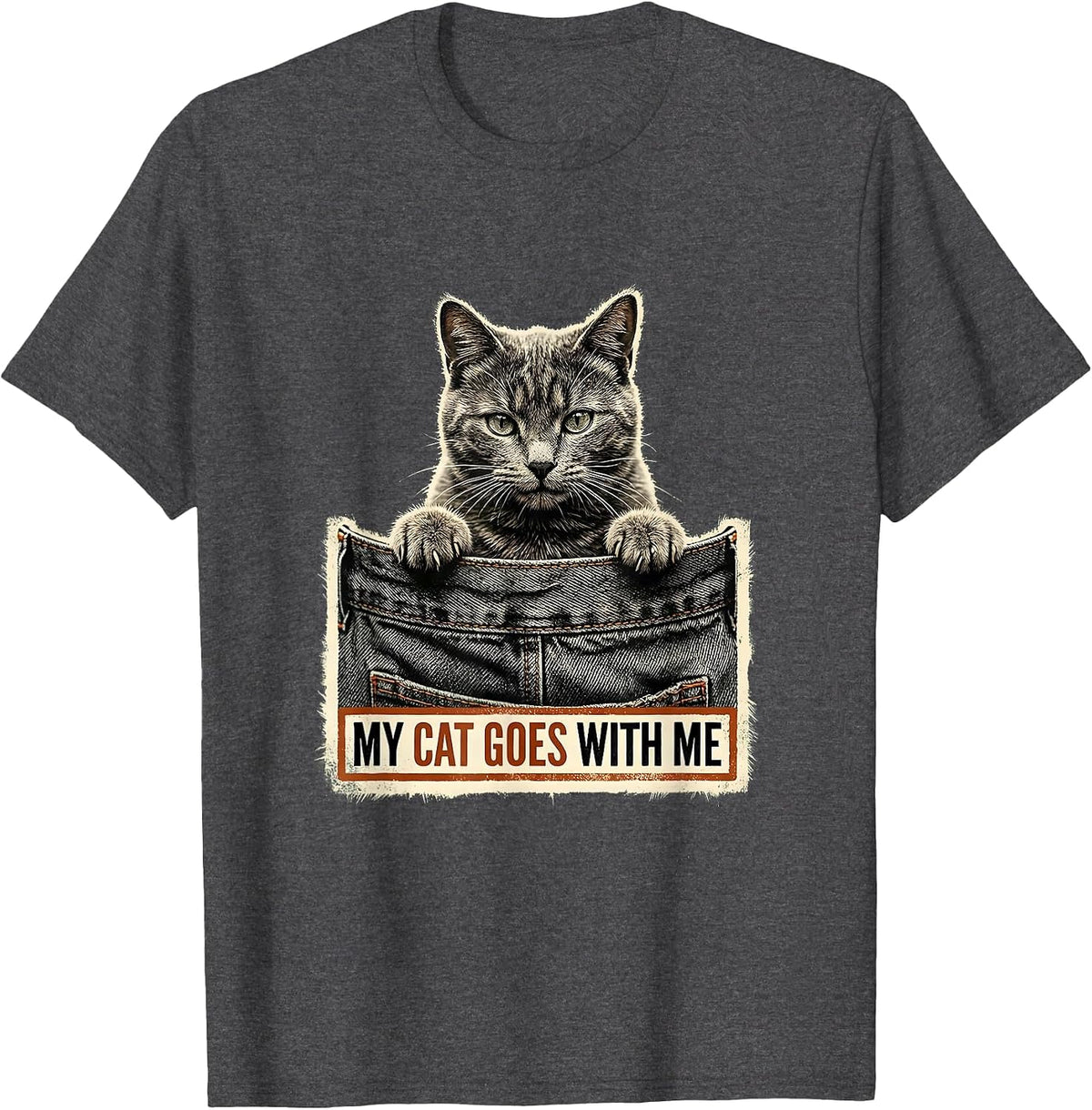 Men's My Cat Goes With Me Rubber Stamp Cat Lover Gift T-Shirt - Dark Heather Grey