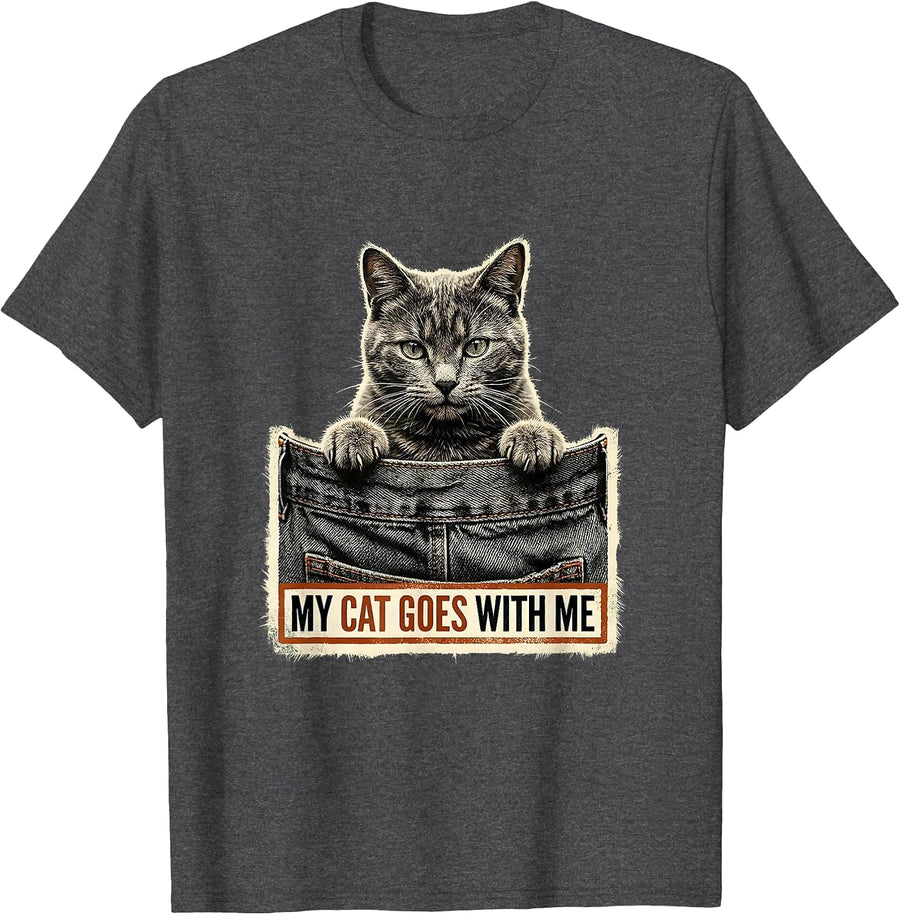 Men's My Cat Goes With Me Rubber Stamp Cat Lover Gift T-Shirt - Dark Heather Grey