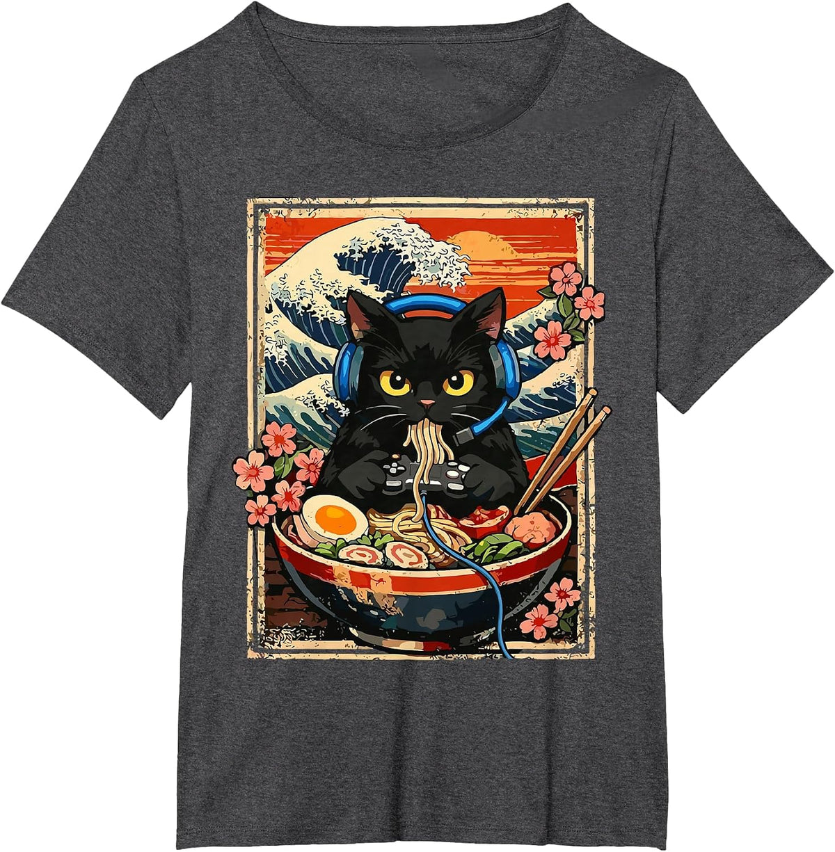 Kawaii Gamer Cat Eating Ramen T-Shirt - Dark Heather Grey