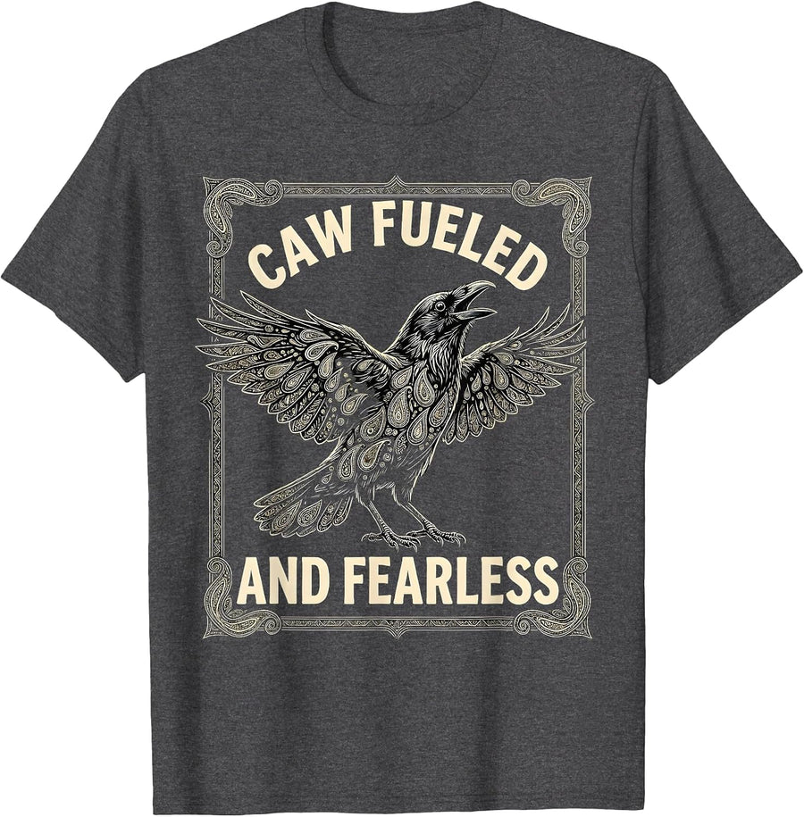 Men's Caw Fueled and Fearless Bold Crow Design T-Shirt - Dark Heather Grey