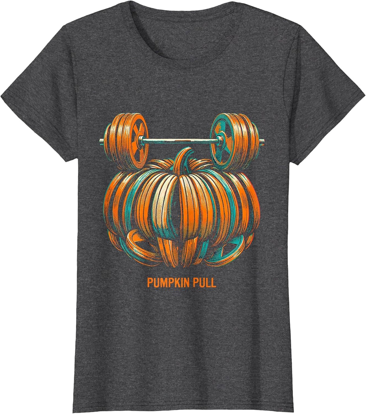 Women's Pumpkin Pull Risograph Halloween Gym Workout Lifting Pun T-Shirt - Dark Heather Grey