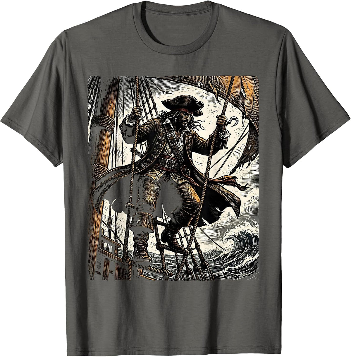 Shadowy Pirate Climbing Ship Rope Ladder T-Shirt - Asphalt Grey