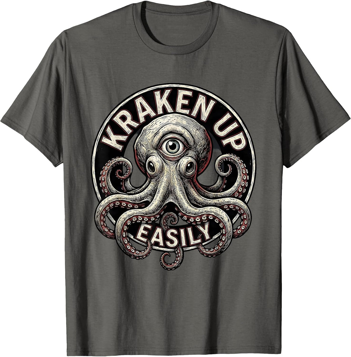 Kraken Up Easily Playful Woodcut Engraving Octopus Lover T-Shirt - Asphalt Grey