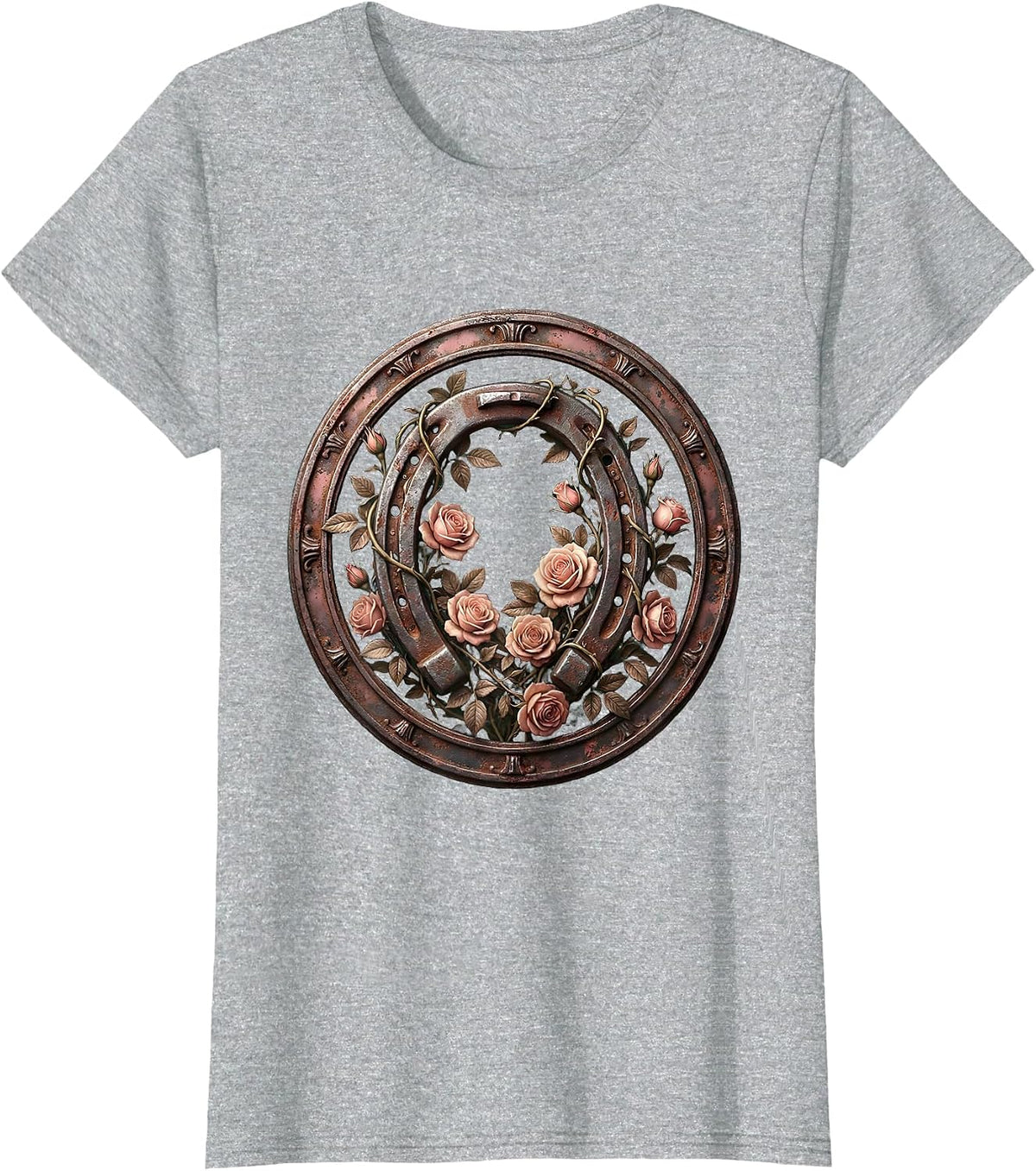 Floral Derby Horseshoe Climbing Roses Illustration T-Shirt - Heather Grey