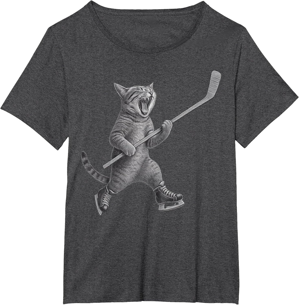 Cat Playing Ice Hockey Stick Funny Skating Cat T-Shirt - Dark Heather Grey
